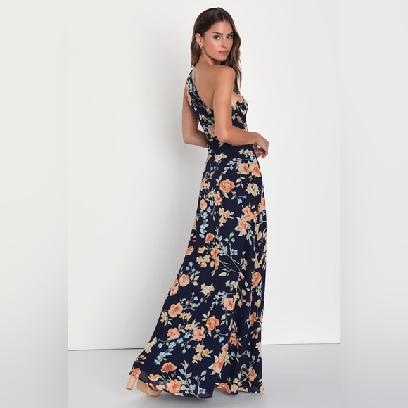 LULU’S Elegant Admiration Navy Blue Floral One Shoulder Maxi Dress - Picture 6 of 8